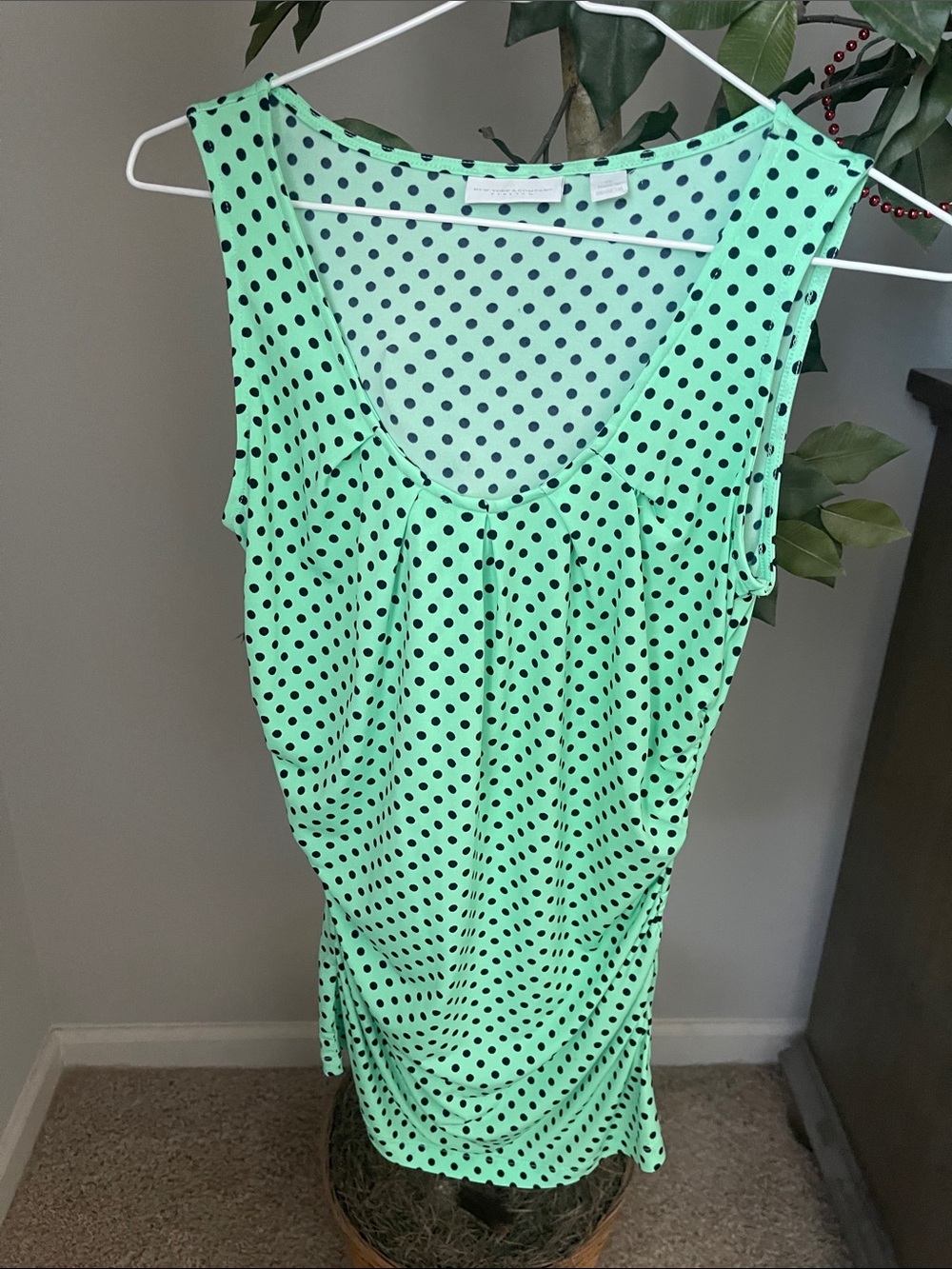 New York & Company Mint Green and Navy Polka Dot Top